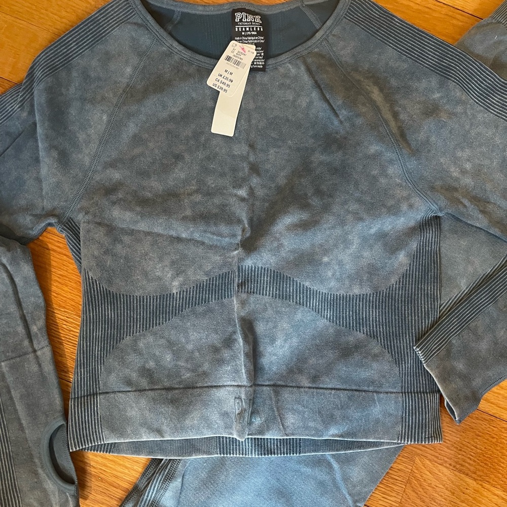 PINK Athletic Seamless Crop Long Sleeve Top - Washed Blue Gray